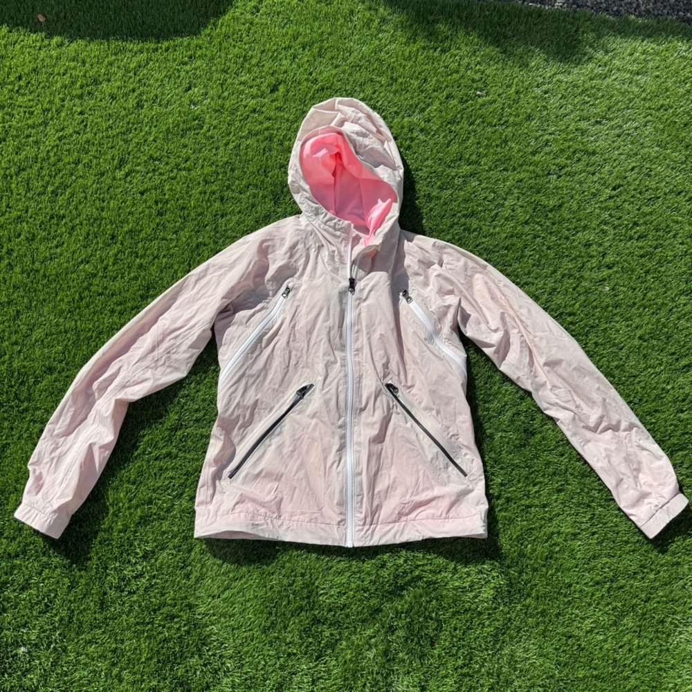 Lululemon Sun Showers Womens S Rain Jacket Grapefruit White Hooded Windbreaker
